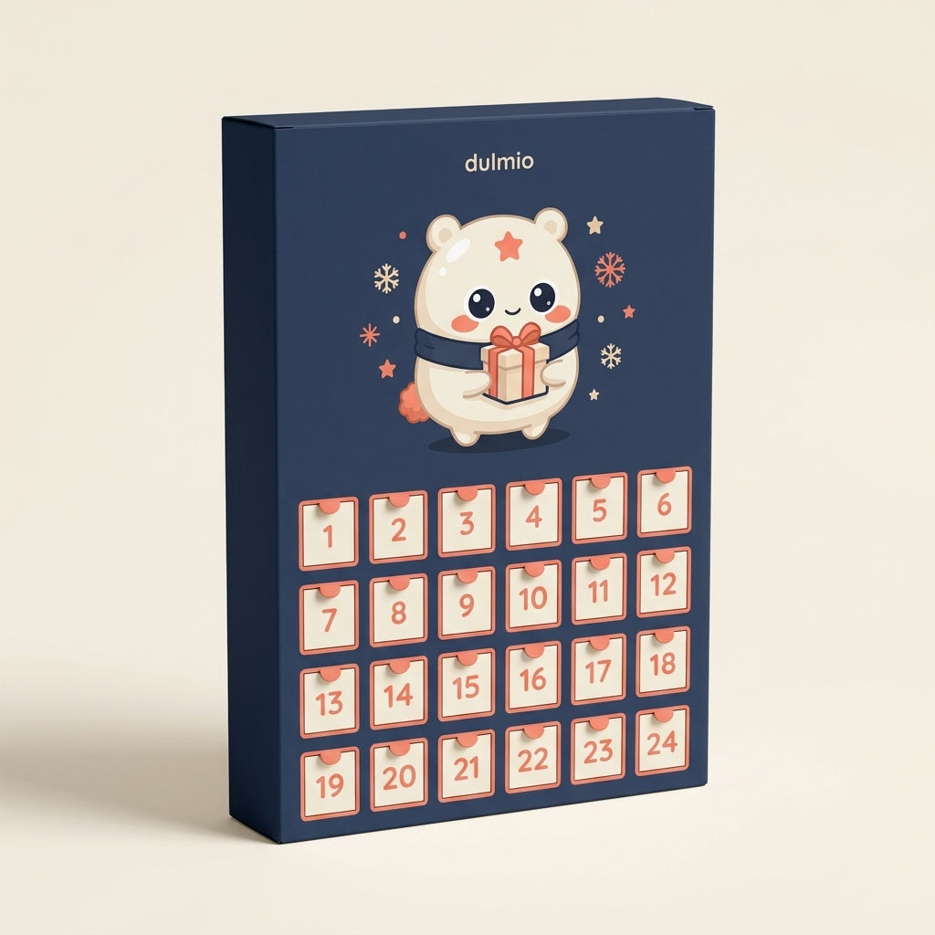 Dulmio advent calendar: 24-door box illustrated with Dulmio in a navy scarf