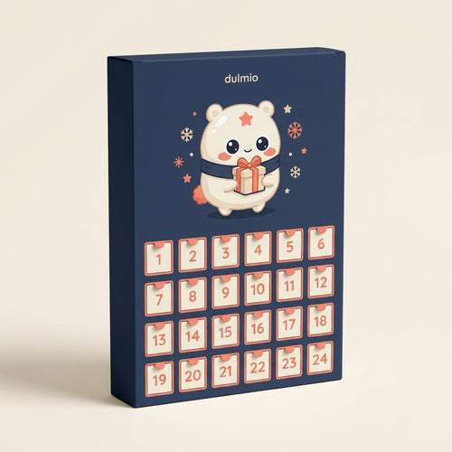Dulmio advent calendar: 24-door box illustrated with Dulmio in a navy scarf