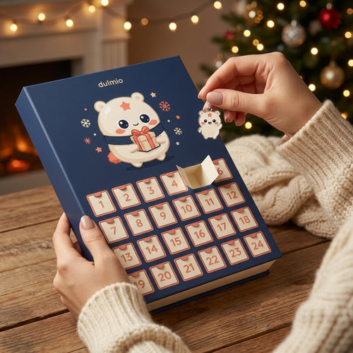 Hands opening a door of the Dulmio calendar and taking out a charm