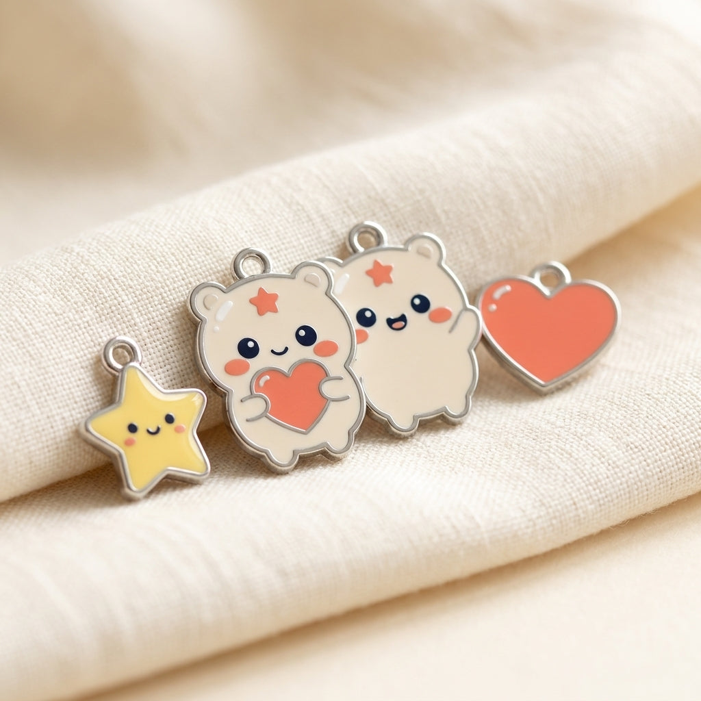 Detalle de los charms de Dulmio y Lumi y un charm de corazón con esmalte de colores y acabado plateado