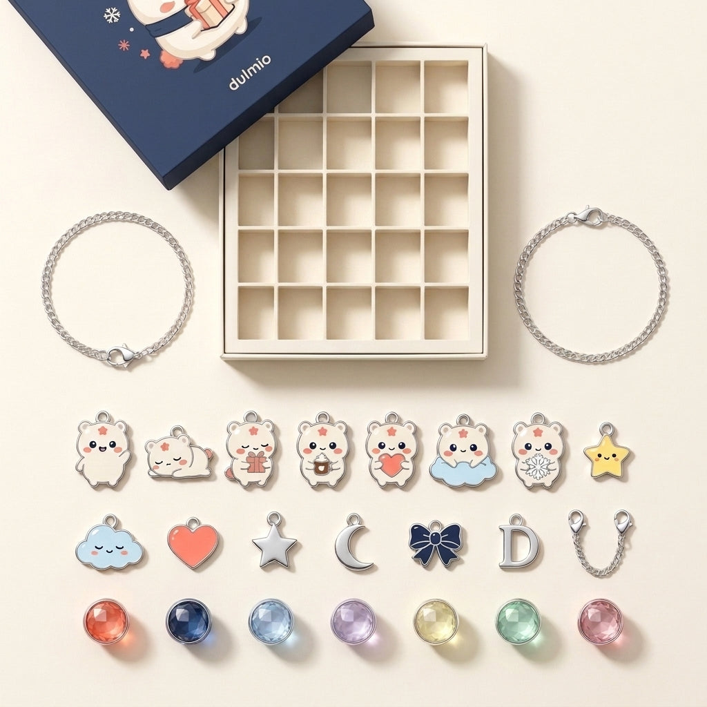 Everything inside the Dulmio calendar: 2 charm bracelets and 22 charms